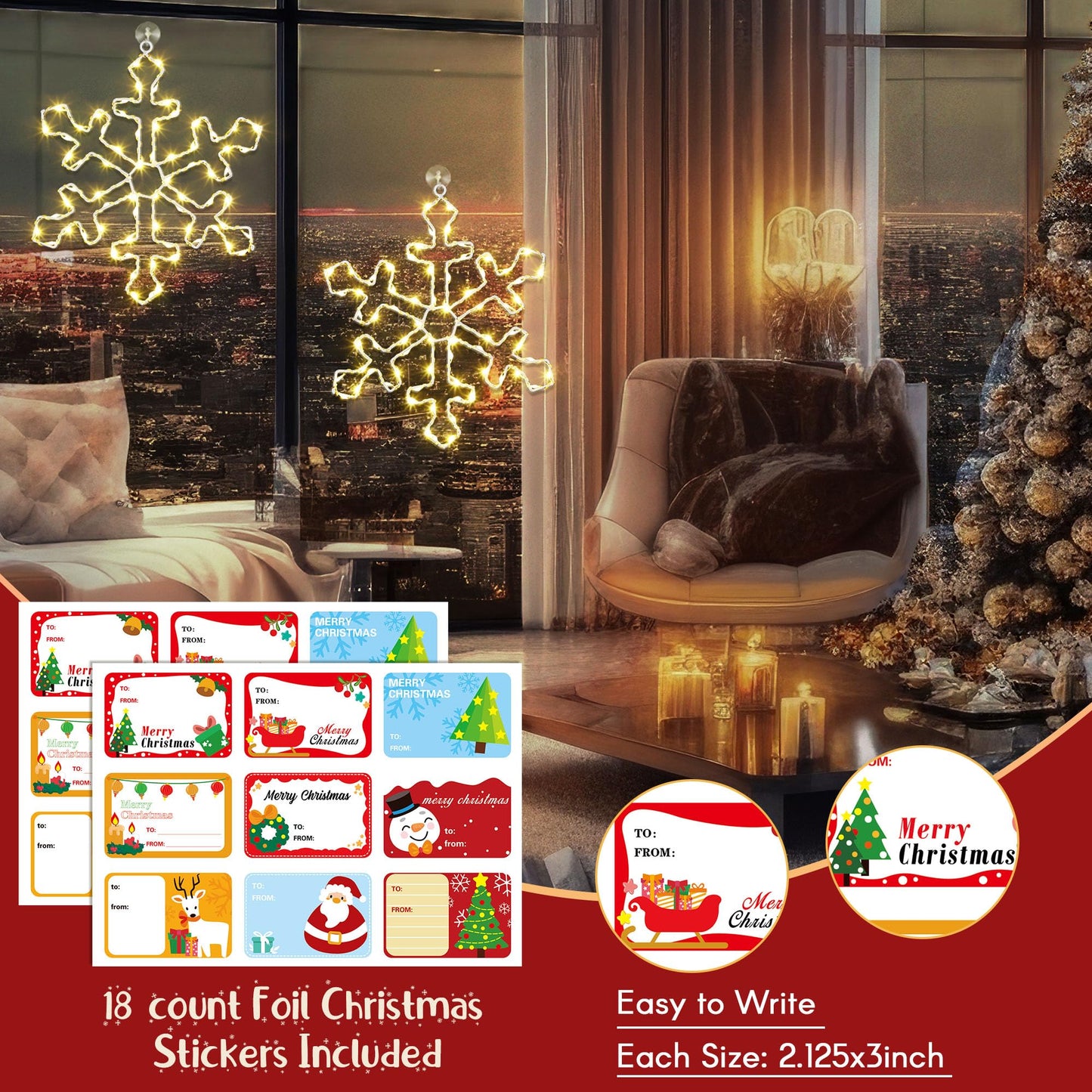 Hiboom 2 Pack Christmas Window Lights, 12 Inch Snowflake Lighted Decorations Wrapped with LED String Lights, 8 Modes Battery Powered Christmas Window Light for Xmas Indoor Decor (Warm White)