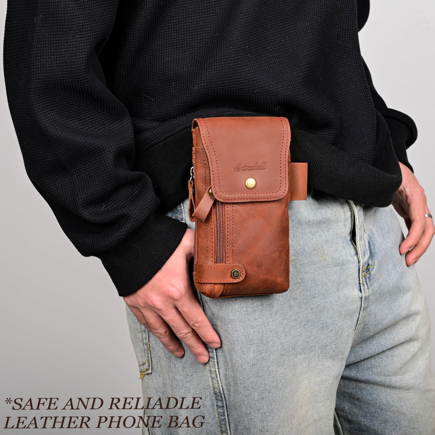 Ariscobull - Leather Phone Holster - Genuine Full-Grain Buffalo Leather Cell Phone Holsters - for iPhone 16, 15, 14, 13pro, Galaxy S24, S23, S22-7”H X 3.5" W (Coffee)