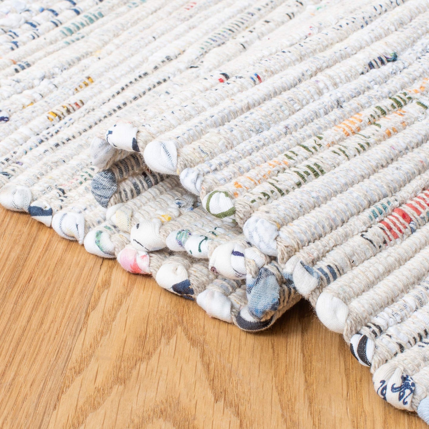 SAFAVIEH Rag Rug Collection Area Rug - 9' Square, Ivory & Multi, Handmade Boho Stripe Cotton, Ideal for High Traffic Areas in Living Room, Bedroom (RAR121G)