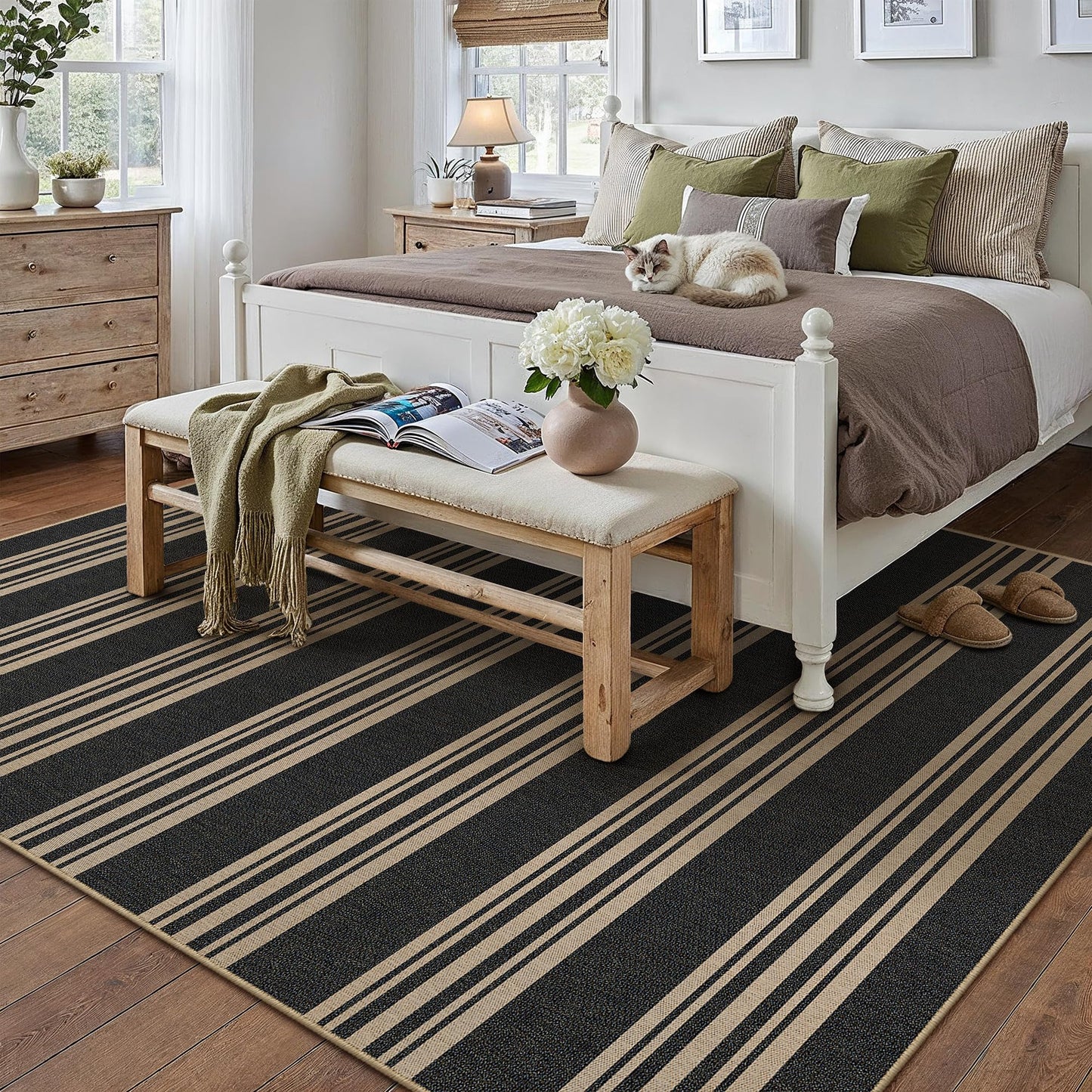 PureCozy Striped Easy Jute Rug 6x9 Black Living Room Carpet Washable Non Slip Bedroom Rug Farmhouse Neutral Non Shedding Indoor Outdoor Large Carpet for Dining Room Under Table Office