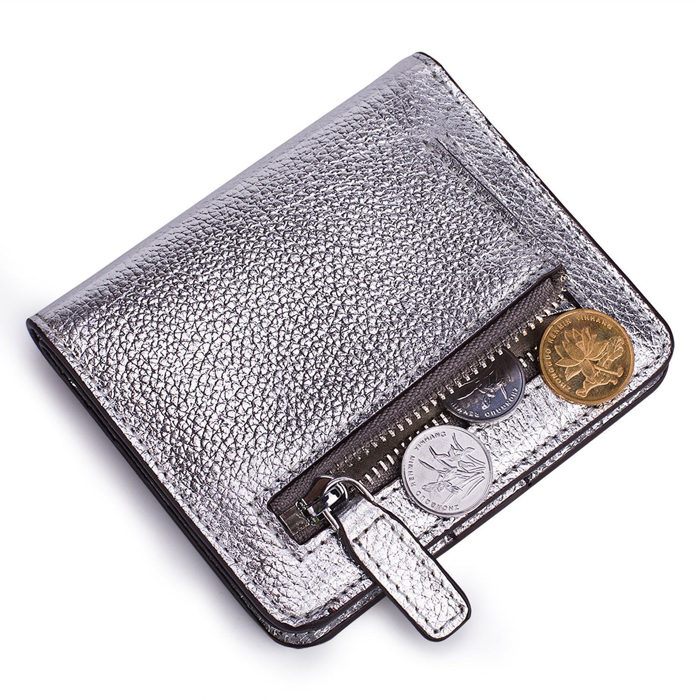 AINIMOER Small Leather Wallet for Women, Ladies Credit Card Holder RFID Blocking Women's Mini Bifold Pocket Purse, Silver