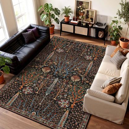 Kokia 8x10 Boho Black Botanical Floral Washable Rug, Oriental Soft Non-Slip Decoration Rugs for Living Room, Farmhouse Bedroom, Kids Playroom, Office
