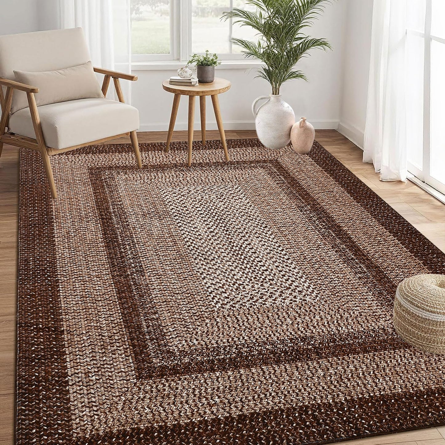 RUGSREAL 8x10 Area Rug Washable Large Living Room Rug Non Slip Farmhouse Rustic Floor Carpet Boho Accent Bedroom Rug Modern Geometric Throw Floor Cover Bohemian Border Carpet, Brown