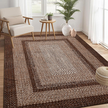 RUGSREAL 8x10 Area Rug Washable Large Living Room Rug Non Slip Farmhouse Rustic Floor Carpet Boho Accent Bedroom Rug Modern Geometric Throw Floor Cover Bohemian Border Carpet, Brown