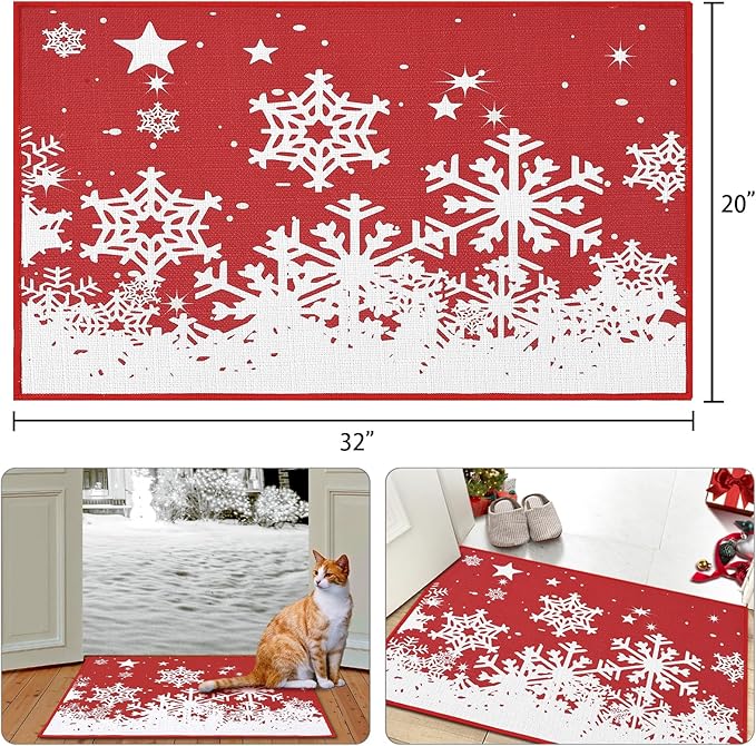CAROMIO Christmas Doormat 20 x 32 Inch Holiday Xmas Decorative Door Mat Winter Christmas Snowflakes Welcome Mat Outdoor Indoor Non Slip Entrance Floor Door Mat Front Porch for Home Decoration