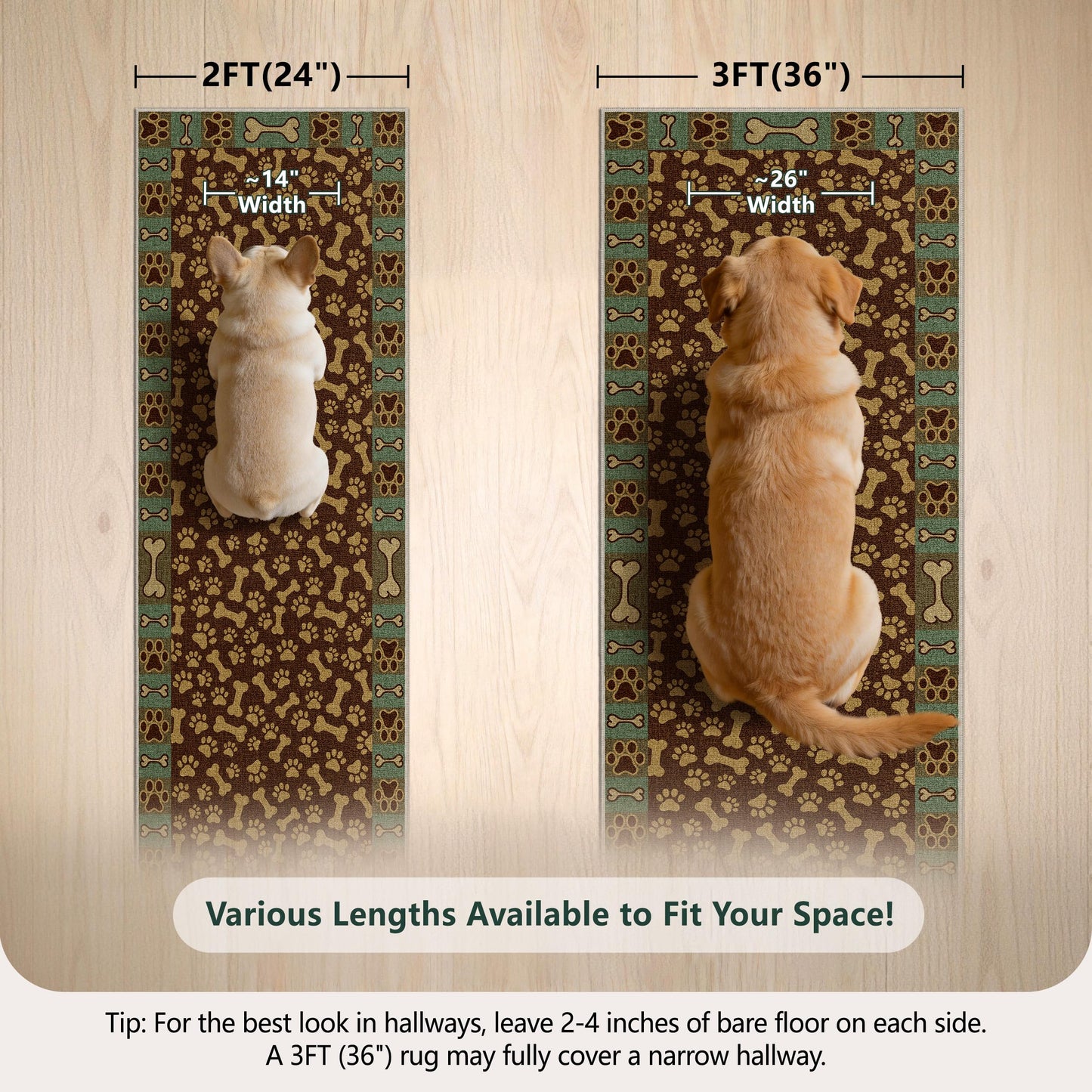 TTelephant Waterproof 2x6 Runner Rug Non Slip - Floor Runners for Dogs,Washable & Joint-Friendly Dense Loop Pile Carpet Runners for Hallway, Kitchen, Indoor Entryway, Laundry, Brown Paws