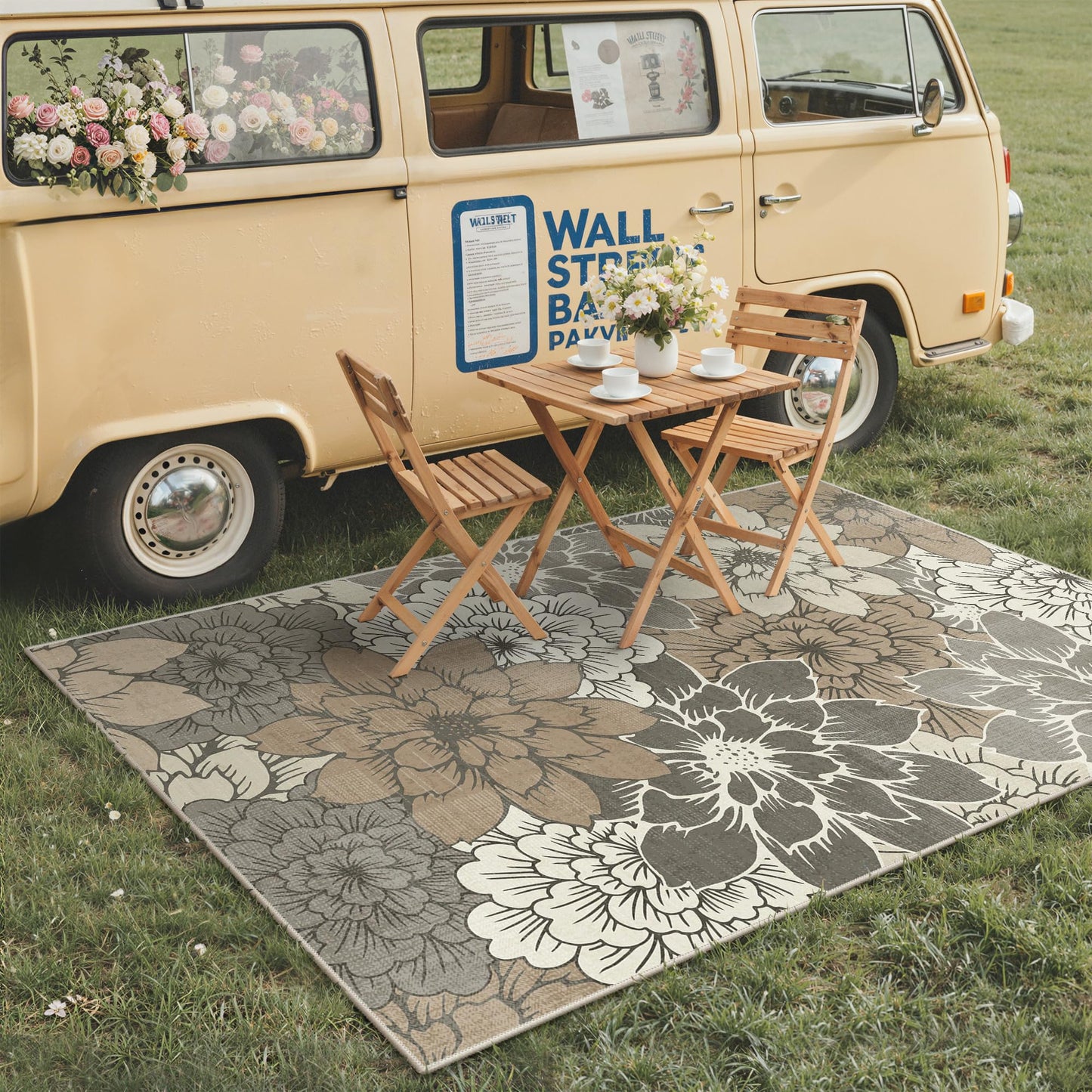 GENIMO Indoor Outdoor Area Rug 5'x8', Machine Washable Rugs for Patio, Waterproof, Non-Slip Easy Cleaning Floral Outdoor Mat Carpet for Living Room, Bedroom, RV, Balcony, Deck, Camping, Coffee Beige