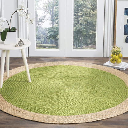 SAFAVIEH Area Rug 4' Round - Natural Fiber Collection - Green & Natural Brown, Handmade Jute, Braided Border Design (NF801G)