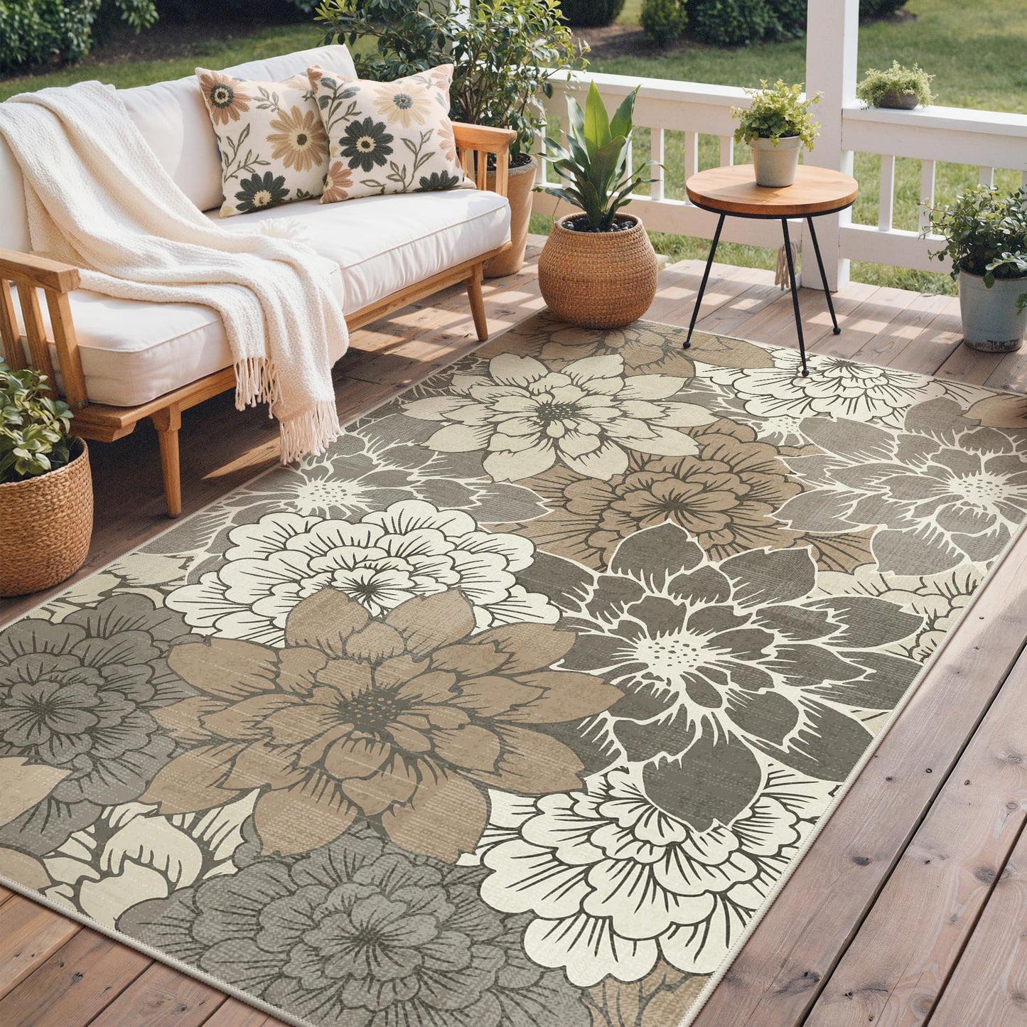GENIMO Indoor Outdoor Area Rug 5'x8', Machine Washable Rugs for Patio, Waterproof, Non-Slip Easy Cleaning Floral Outdoor Mat Carpet for Living Room, Bedroom, RV, Balcony, Deck, Camping, Coffee Beige