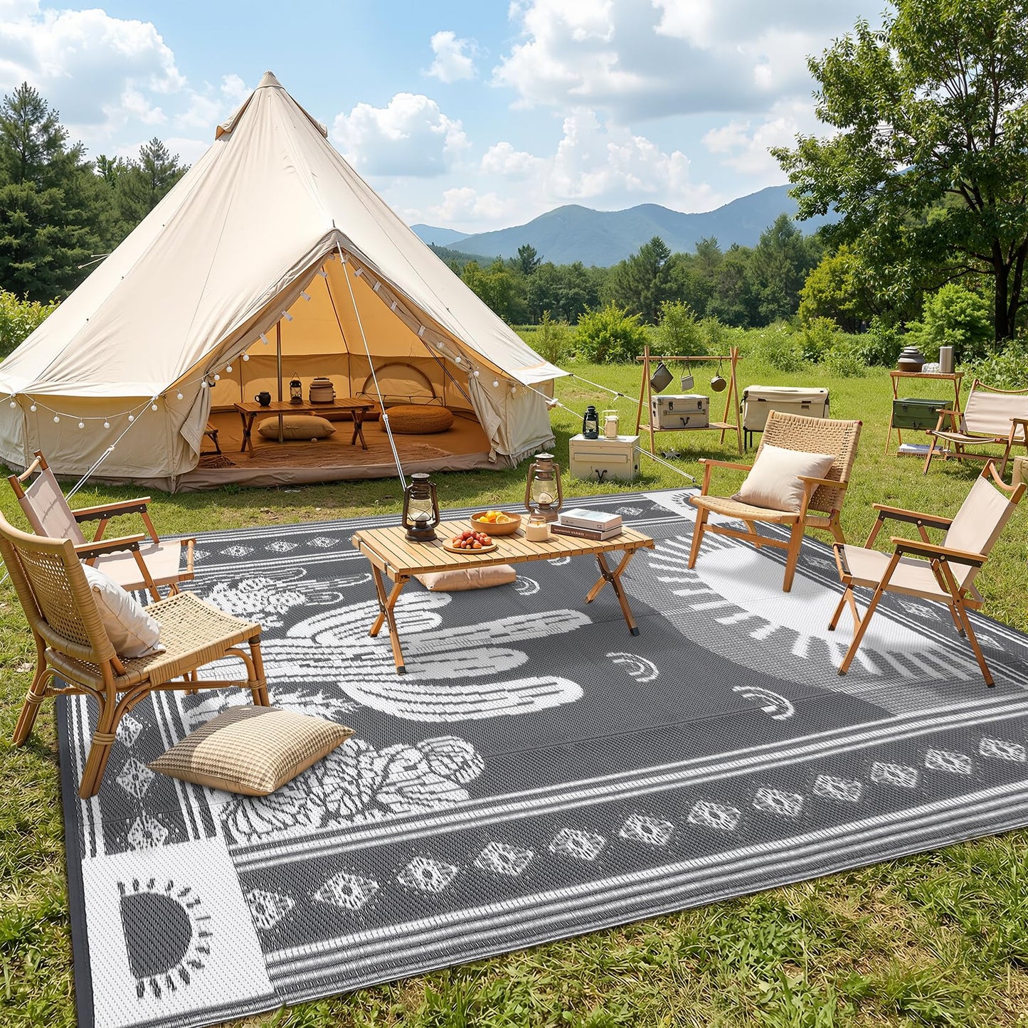 Garvee Reversible Cactus Outdoor Rug 8x10 for Patio, Waterproof Outdoor Area Rug, Modern Desert Botanical Indoor Outdoor Rugs, Plastic Straw Rug for RV, Camping, Deck, Grey