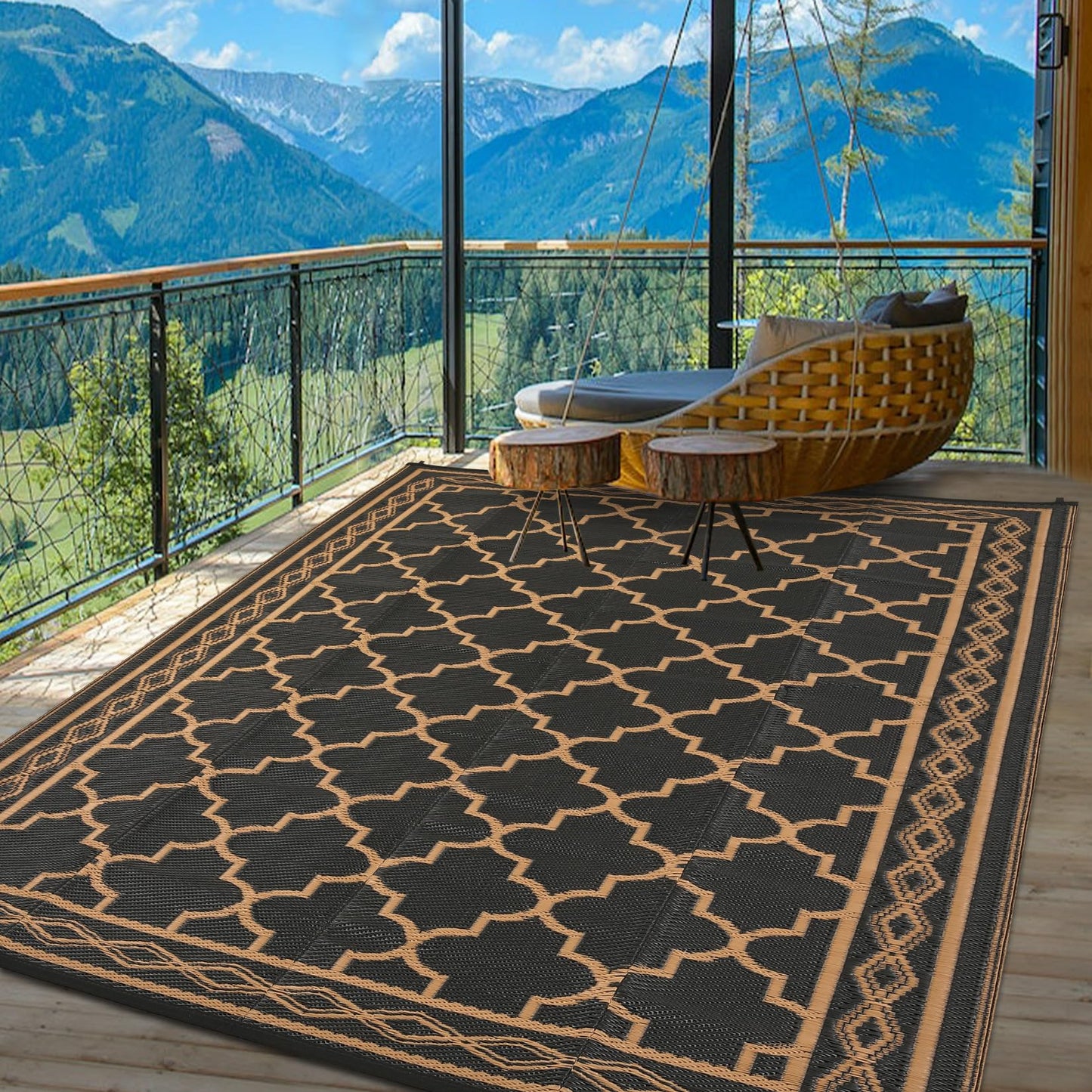 GlowSol Outdoor Rug Waterproof 8x10 ft Reversible Outdoor Plastic Straw Patio Rugs,Foldable Camping Rug with Carry Bag, RV Mat Outside Rugs for Patio,Picnic,Balcony,Deck,Backyard,Pool, Black/Brown