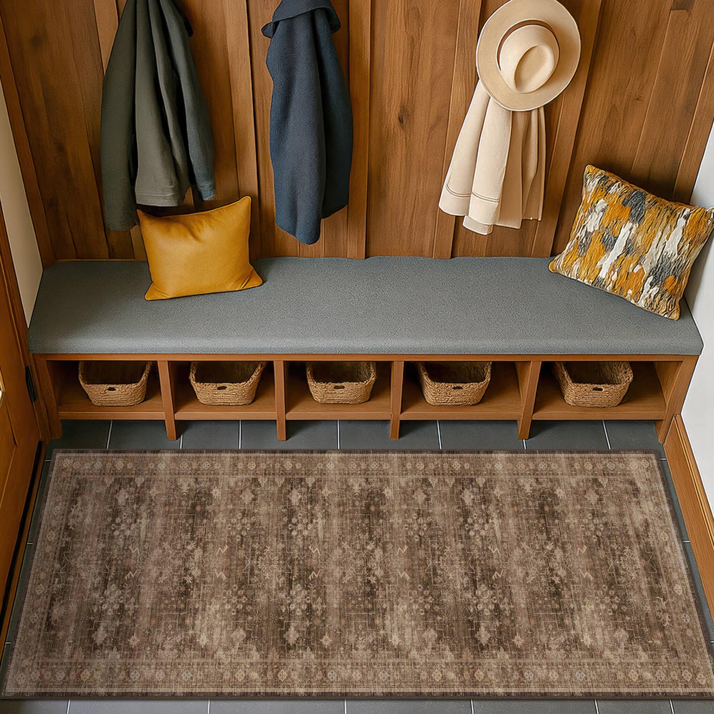 Brown Boho Washable 2x6 Runner Rugs for Hallway Kitchen Bedroom Beside Laundry Room Bathroom Rug, Pet & Kids Friendly, Non Slip Low Pile Stain Resistant Soft Faux Wool Long 24 x 72 Floor Carpet