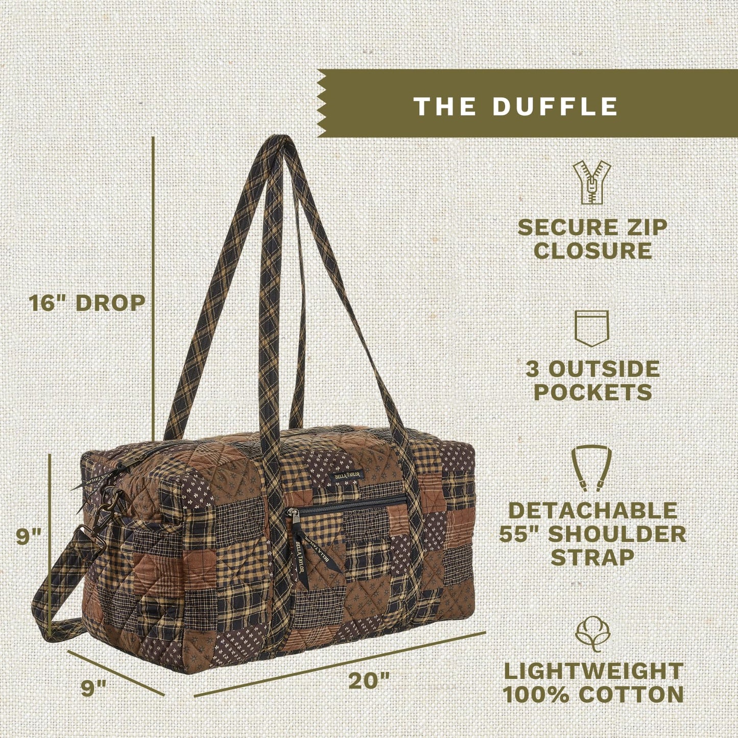 Bella Taylor Quilted Duffle Bag for Women, Large Carry On Travel Weekend Bag, Quilted Cotton Ironstone Black and Brown Patchwork