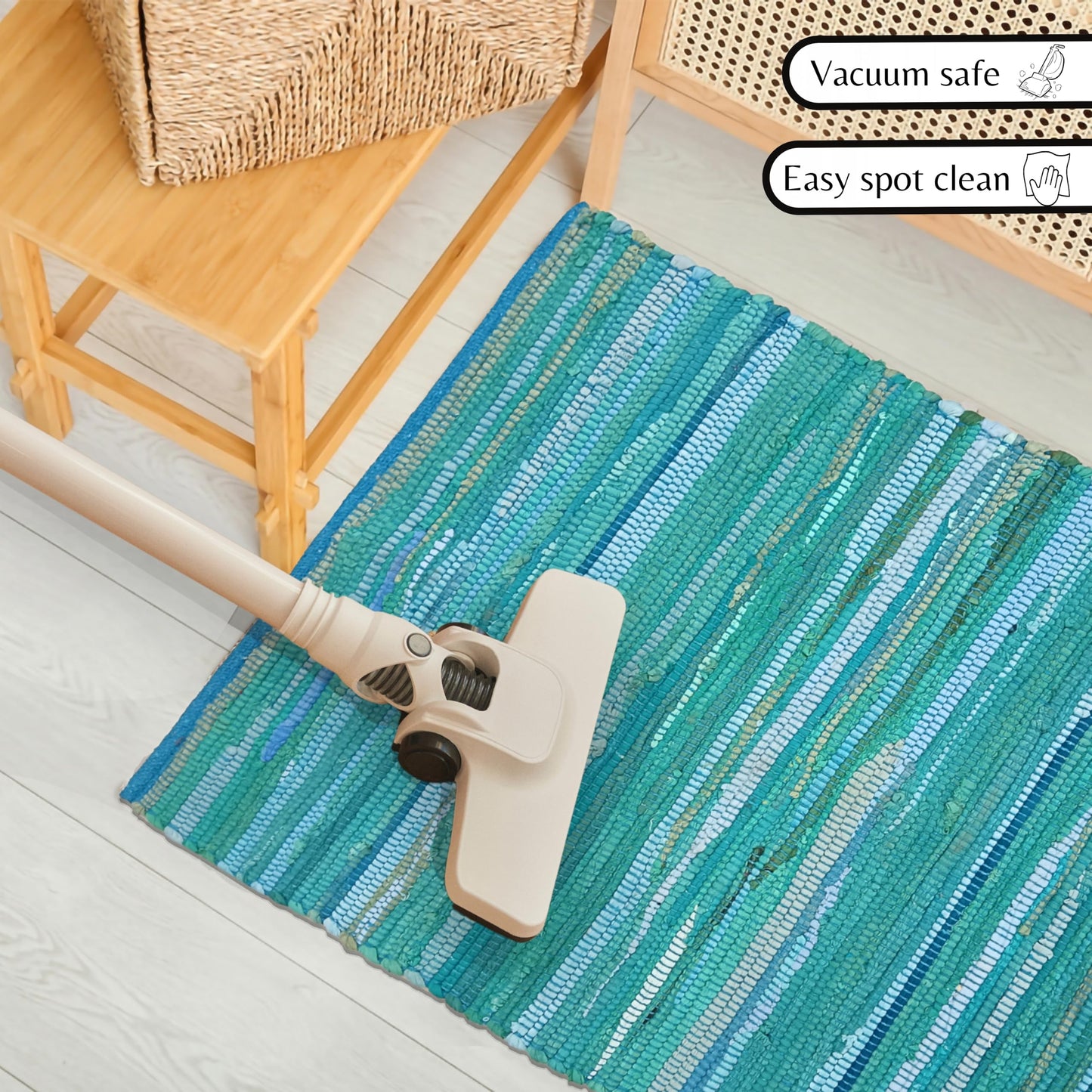 Cotton Hand Woven Chindi Rug 2x3 Feet - Teal, Reversible Accent Front Door Mat Ideal for Kitchen, Entryway, Laundry Room | Green Durable Farmhouse Indoor Outdoor Floor Rag Rugs Ideal for Kids Space