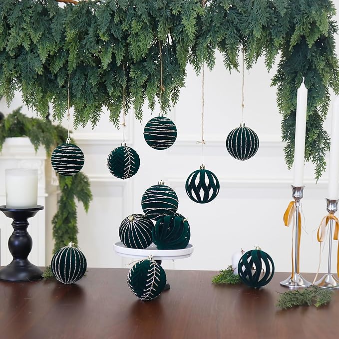 3.15INCH Green Velvet Ornaments for Christmas Tree, 12PCS Glitter Flocked Christmas Ornaments Decorations Balls Set Decor