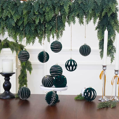 3.15INCH Green Velvet Ornaments for Christmas Tree, 12PCS Glitter Flocked Christmas Ornaments Decorations Balls Set Decor