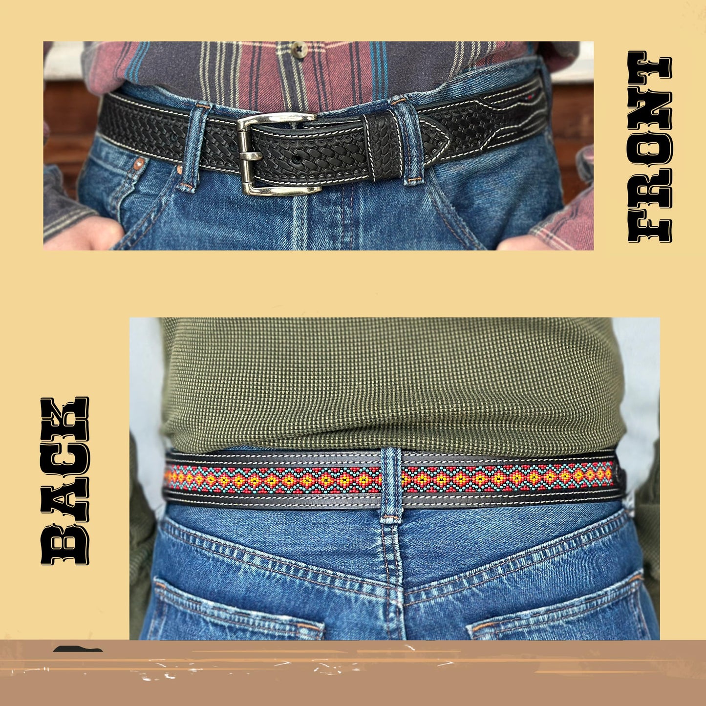 DANIEL'S ARTPLANET Western Belt for Men Handmade Full Grain Leather Beaded Tooled Cowboy Belt with Removable Buckle 1.5”