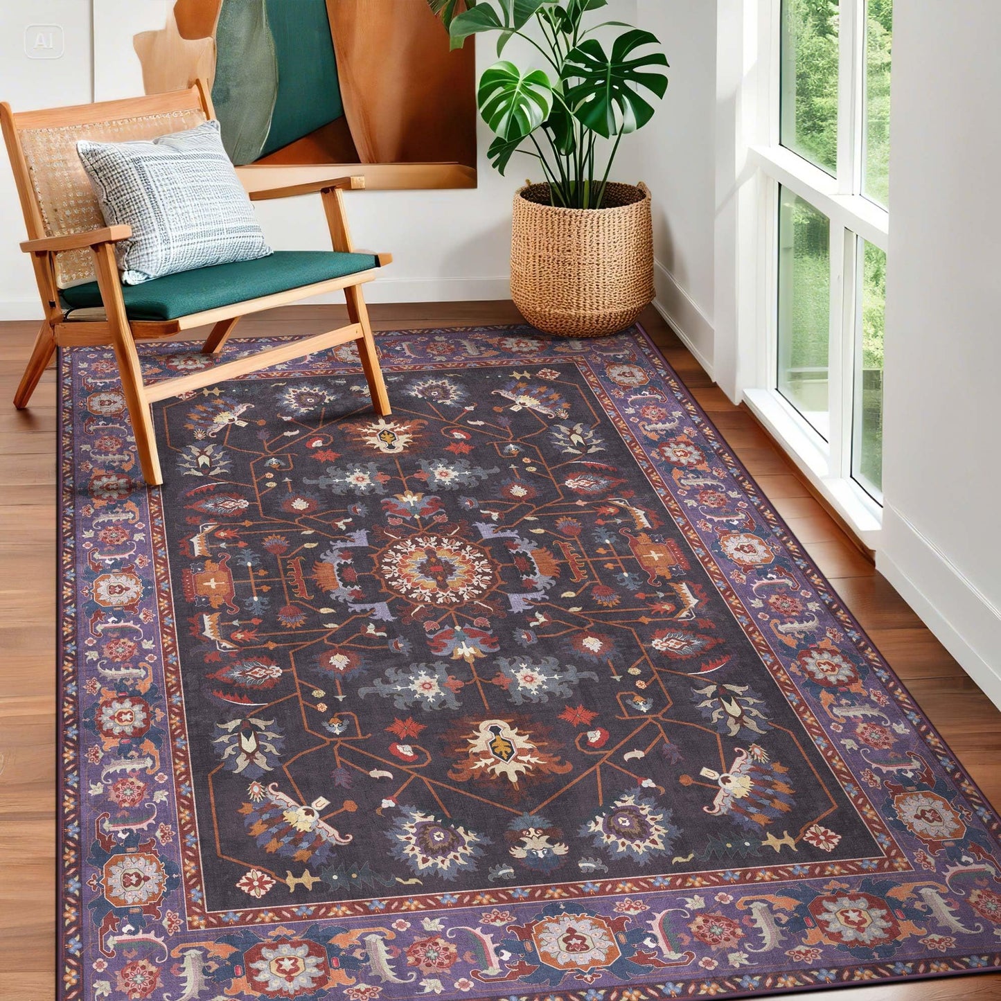 Kokia Living Room Area Rug 5x7 Soft Washable Non Slip Low Pile Purple Oriental Medallion Stain Resistant Rugs for Bedroom, Dining Room, Kitchen, Indoor Leisure Rooms, Nova Violet Plum Pumpkin