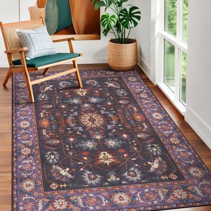 Kokia Living Room Area Rug 5x7 Soft Washable Non Slip Low Pile Purple Oriental Medallion Stain Resistant Rugs for Bedroom, Dining Room, Kitchen, Indoor Leisure Rooms, Nova Violet Plum Pumpkin