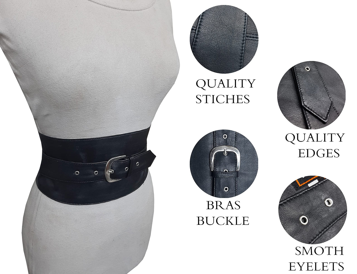 Women's Genuine Black Leather Obi Sash Wrap Corset Harness Wide Elegant Buckle Belt (M(8-10 US), Black)