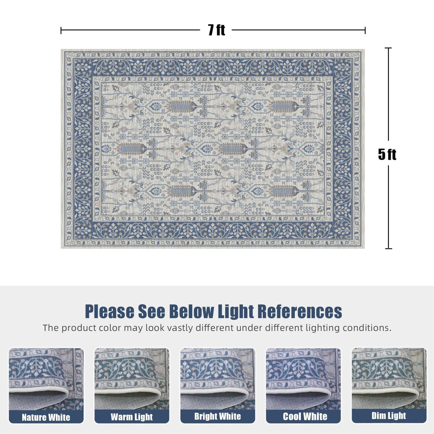 Deerly 5x7 Area Rugs Living Room, Low Pile Ultra Soft Rugs with Non-Slip Backing Machine Washable Vinatge Boho Carpet for Bedroom Playroom Nurseryroom, Kid & Pet Friendly Print Floor Blue Rug 5x7ft