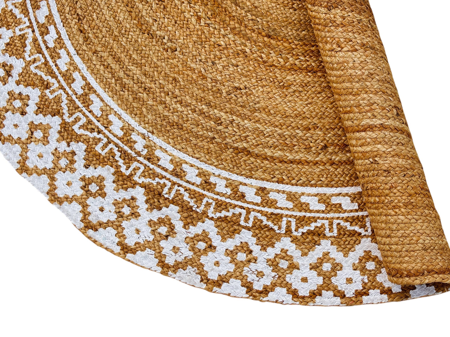 4 Ft Round Jute Rug – Handwoven Natural Fiber Area Rug with White Border, Boho Braided Rug for Living Room, Dining Table, Entryway & Bedroom, Durable & Eco-Friendly Carpet