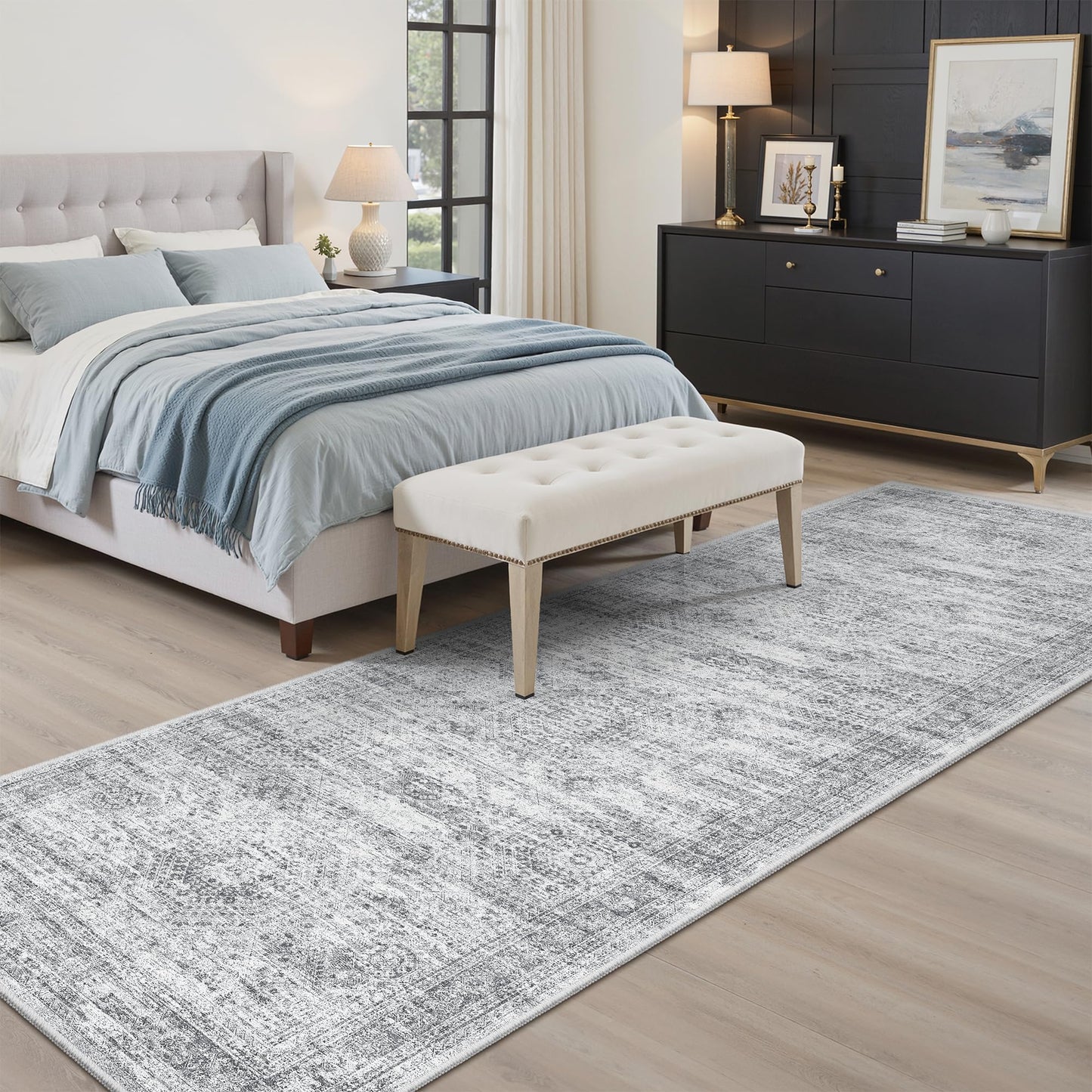 Soalmost Washable Runner Rug, 2'6" x 8' Non-Slip Kitchen Vintage Foldable Hallway Runners for Entryway, Laundry, Bedroom, Grey