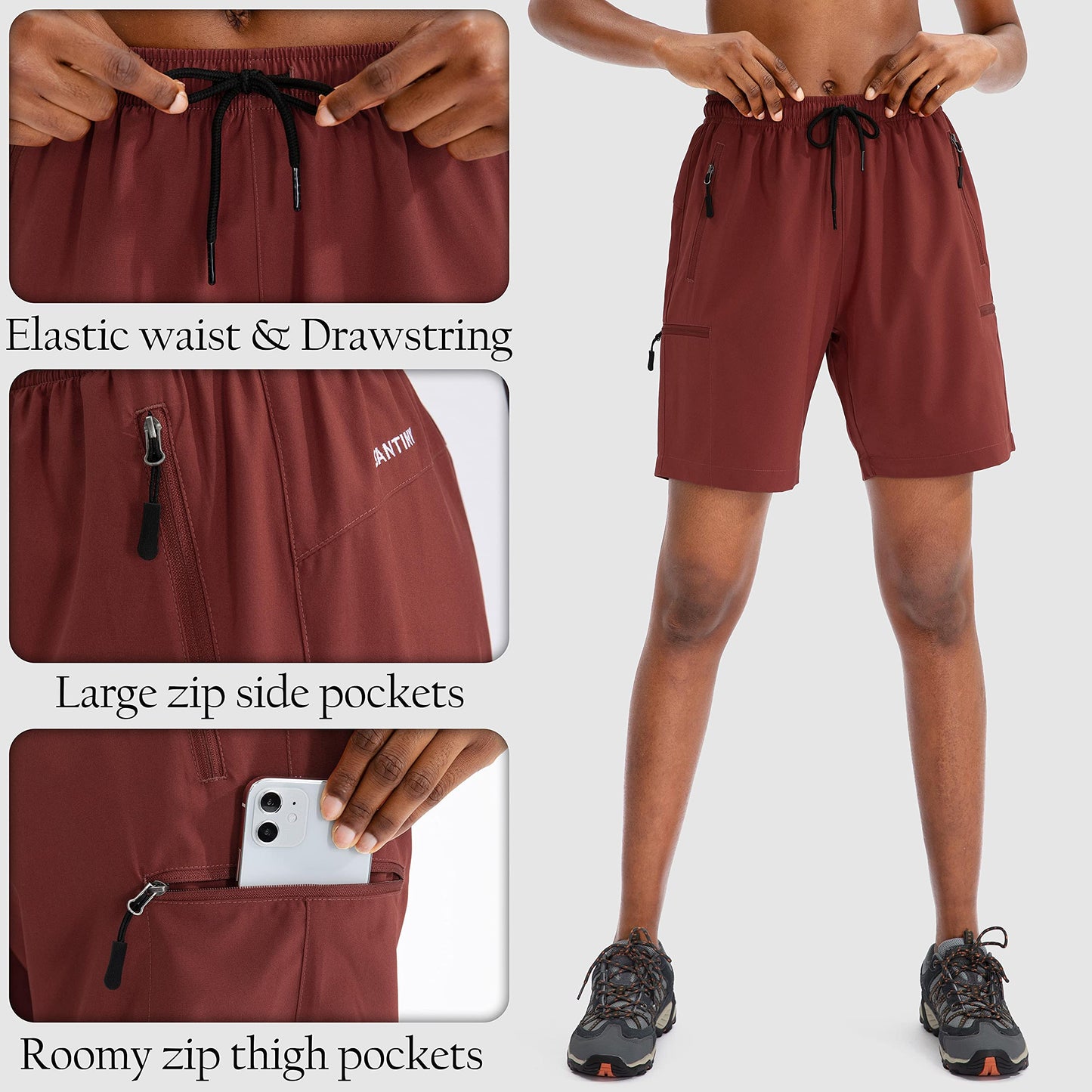 SANTINY Women's 5''/ 7''/9'' Hiking Cargo Shorts Quick Dry Lightweight Summer Shorts for Women Athletic Golf Zipper Pockets(Maroon_L)