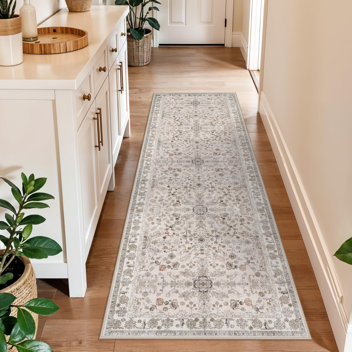2x6 Washable Kitchen Runner Rug – Boho Vintage Non-Slip Carpet Runner for Hallway, Entryway, Bedroom & Bathroom – Soft Low-Pile Thin Area Rug with Rubber Backing (Beige,2x6)