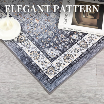 GarveeHome Washable Vintage Boho Floral Gray Rug - 5'x7' Soft Faux Wool Low Pile Stain Resistant Carpet for Living Room, Bedroom, Office, Nursery, Dining Room