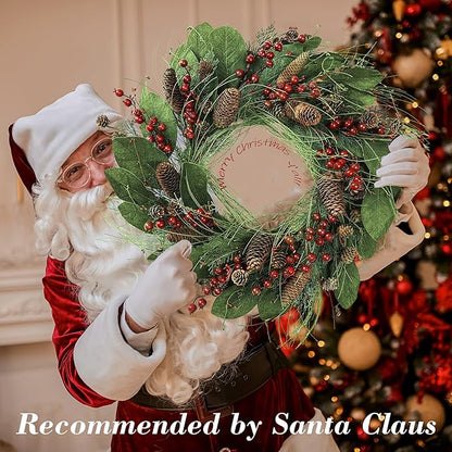YNYLCHMX 20 Inch Winter Wreath for Front Door, Winter Wreaths with Magnolia Leaves Red Berries Pine Cones, Artificial Door Wreaths for Outdoor Indoor Farmhouse Windows Wall Holiday