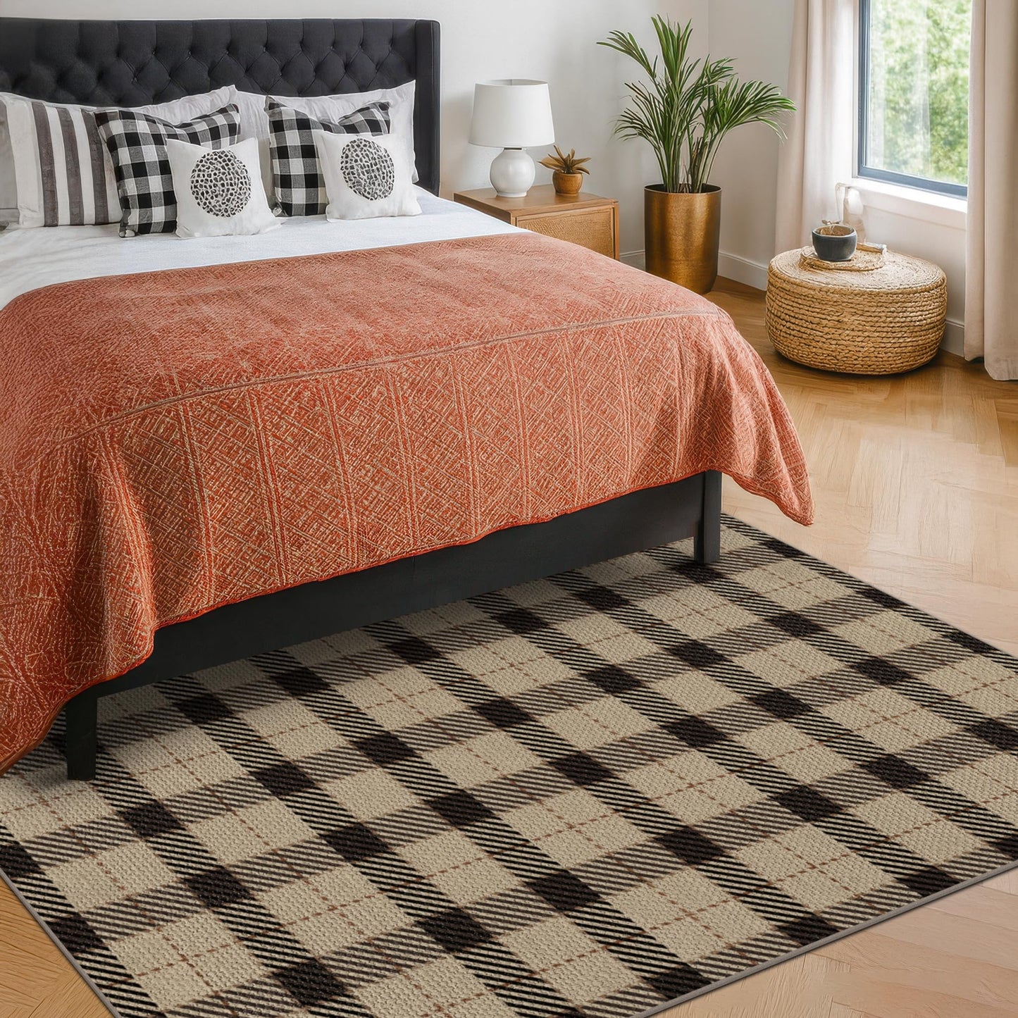 Easy Jute Farmhouse Area Rug 5x7, Washable Indoor Outdoor Plaid Rug, Black and Tan Rustic Woven Non Slip Carpet for Living Room, Entryway, Patio, Bedroom, Under Bed