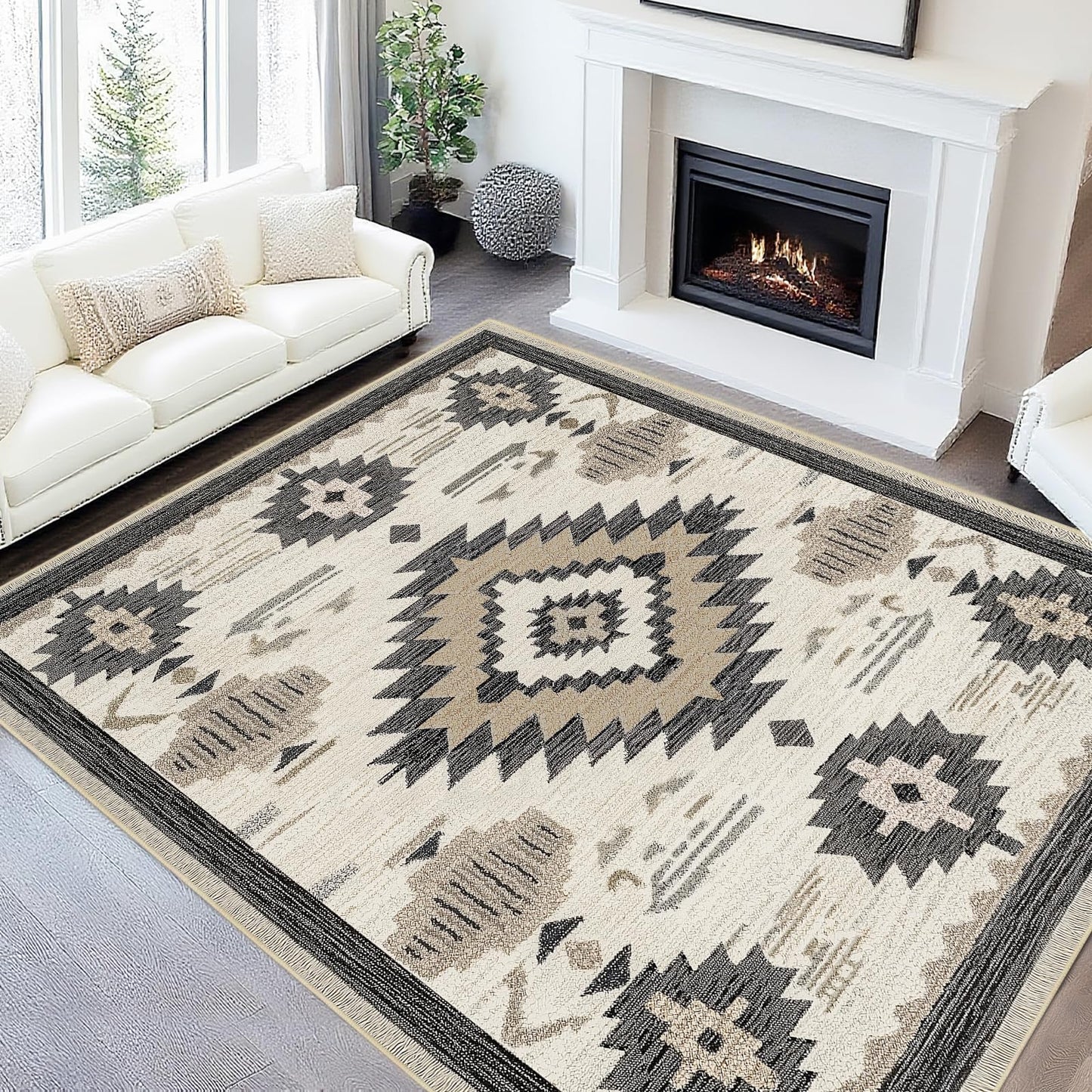 Area Rug 5x7 Western Rug Living Room Southwestern Aztec Rugs Machine Washable Tribal Navajo Southwest Rug Non Slip Printed Low-Pile Indoor Floor Carpet for Dining Room Bedroom Office, Beige