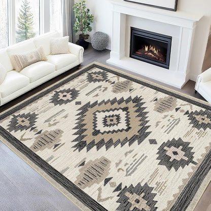 Area Rug 5x7 Western Rug Living Room Southwestern Aztec Rugs Machine Washable Tribal Navajo Southwest Rug Non Slip Printed Low-Pile Indoor Floor Carpet for Dining Room Bedroom Office, Beige