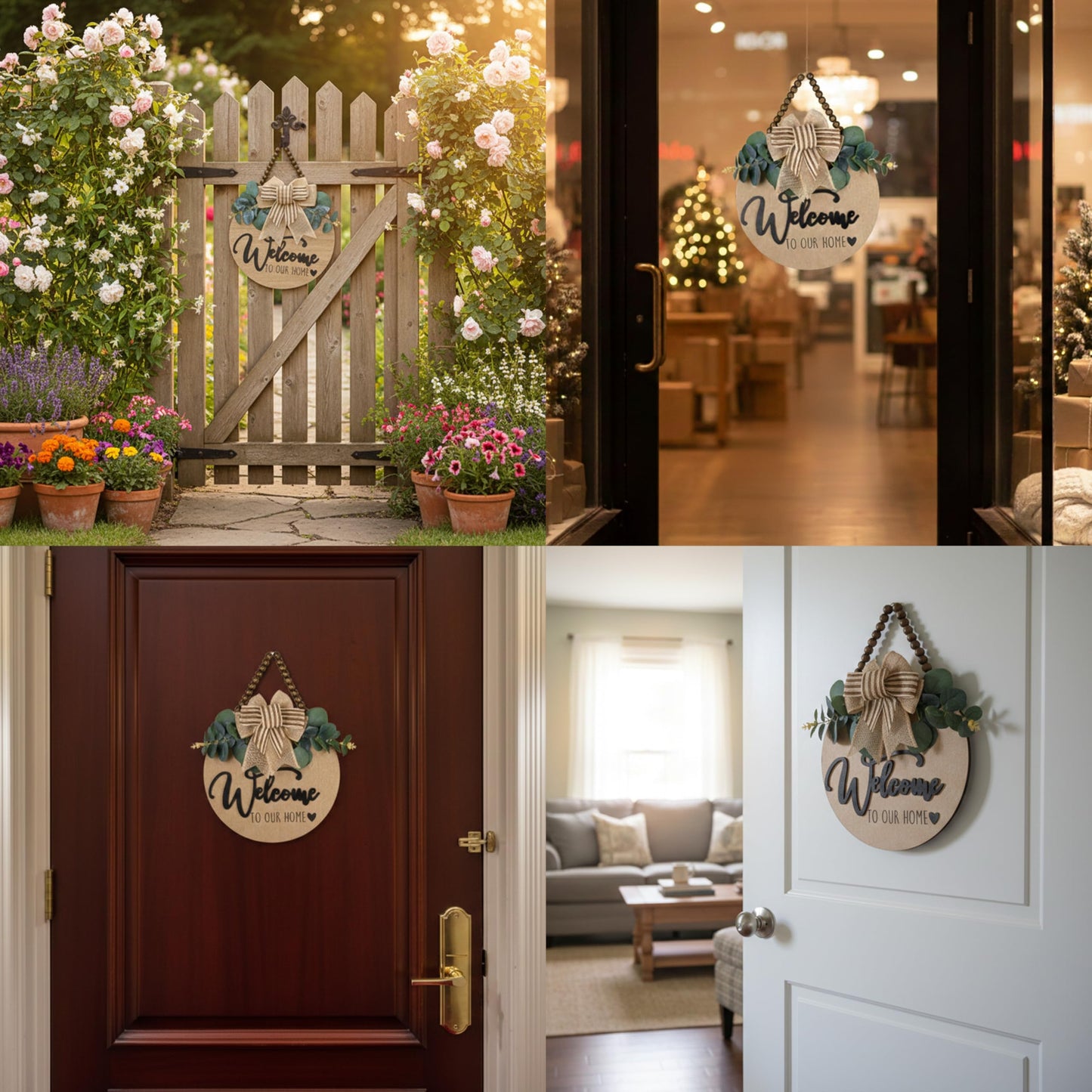 Condorpasea 3D Welcome Sign for Front Door | Home/Farmhouse Porch Décor Wooden Hanging Sign with Artificial Leaves and Rustic Beads | Christmas Classroom |12" Round