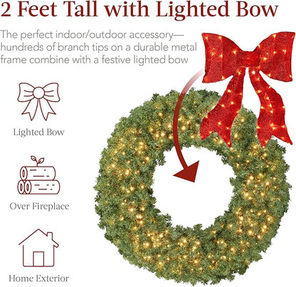 Best Choice Products 24in Large Artificial Pre-Lit Fir Christmas Wreath Holiday Accent Decoration for Door, Mantel w/Red Lighted Bow, 70 LED Lights, 100 PVC Tips, Battery Operated