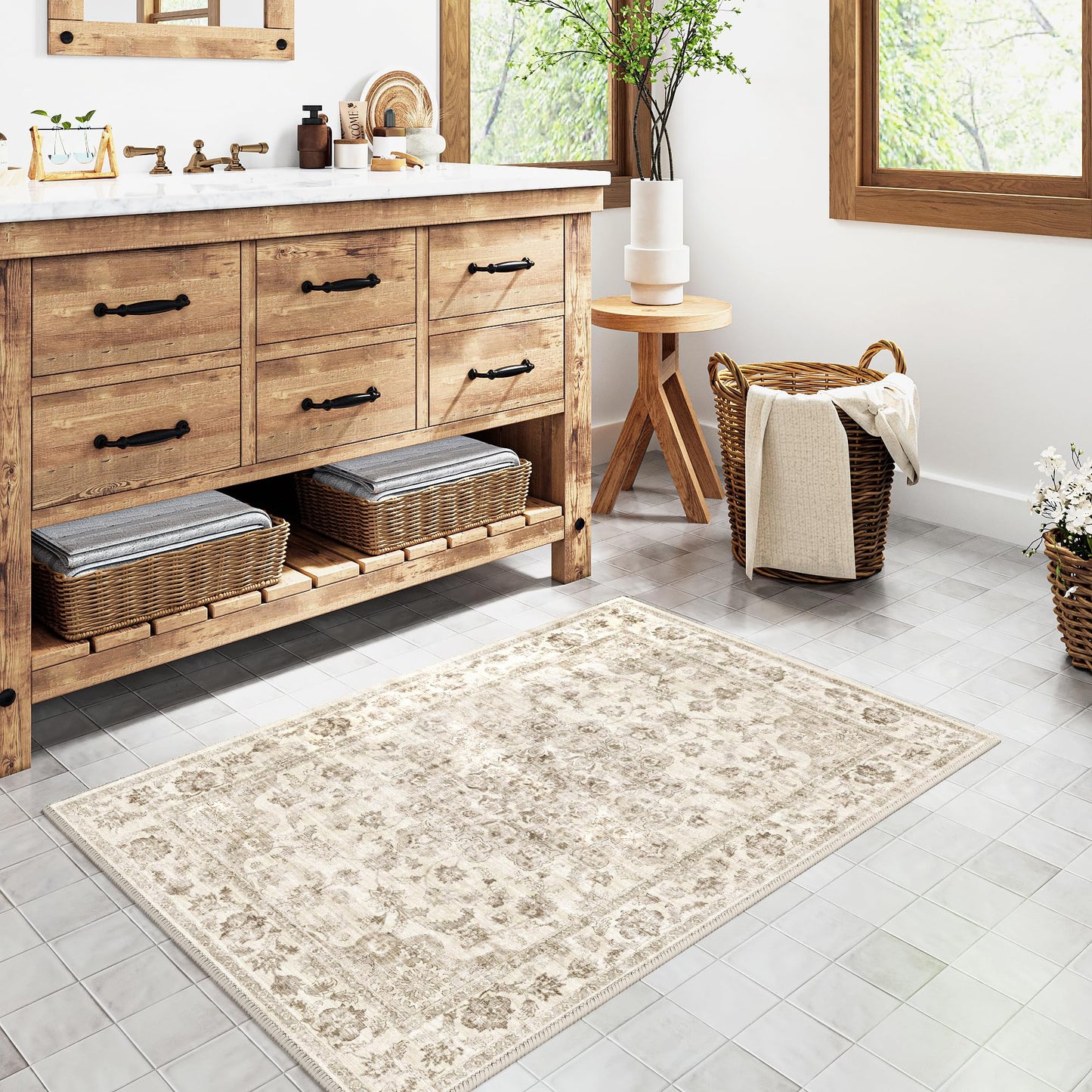 WondRg 2x3 Washable Neutral Area Rug Beige Vintage Entryway Kitchen Carpet Non-Slip Soft Low Pile Farmhouse Indoor Small Throw Rug for Bedroom Bathroom Entrance