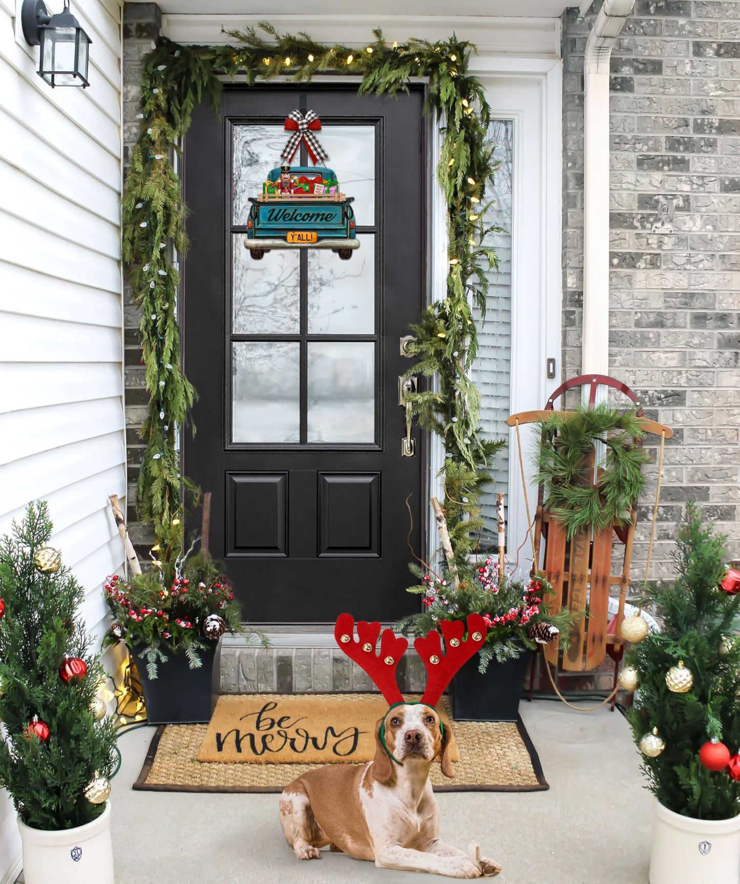 Interchangeable Welcome Sign for Front Door Blue Farmhouse Truck Decor Hanging Sign with 11 Interchangeable Seasonal and Holiday Decor Signs 12x14 in. (Blue Farmhouse Truck)