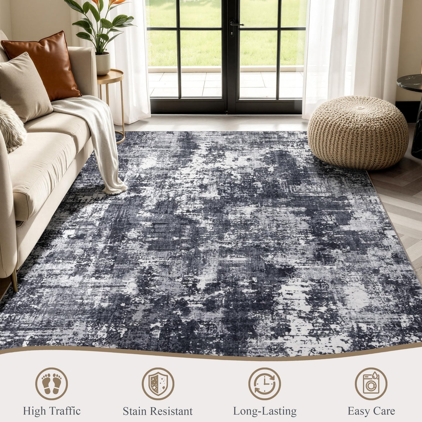 Sasttie 8x10 Soft Area Rug for Living Room, Modern Abstract Washable Large Carpet for Bedroom, with Non-Slip Backing, Black and White