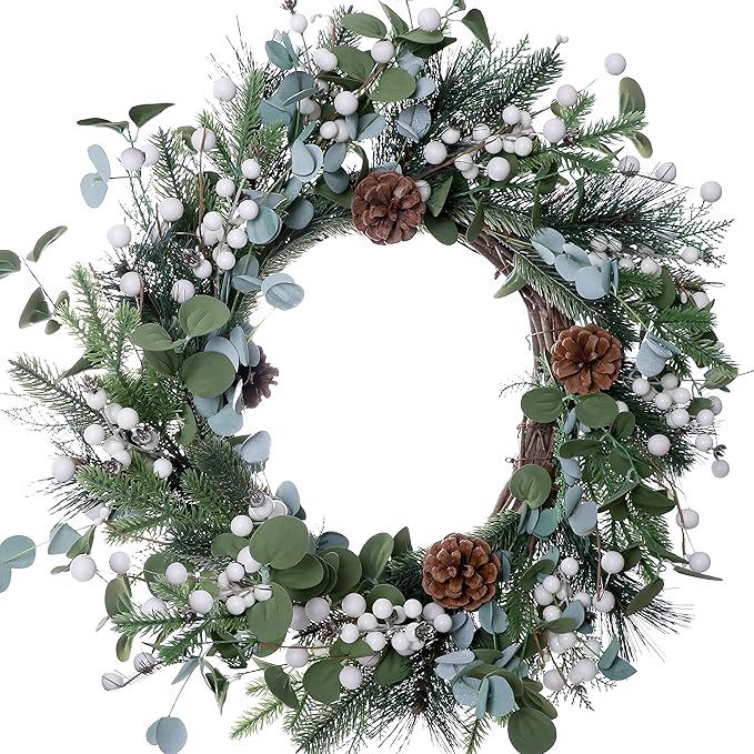 J'FLORU Christmas Wreaths for Front Door 20 Inch Artificial Christmas Wreath White Winter Wreath with Berries Pine Cones Pine Needles for Xmas Winter Holidays