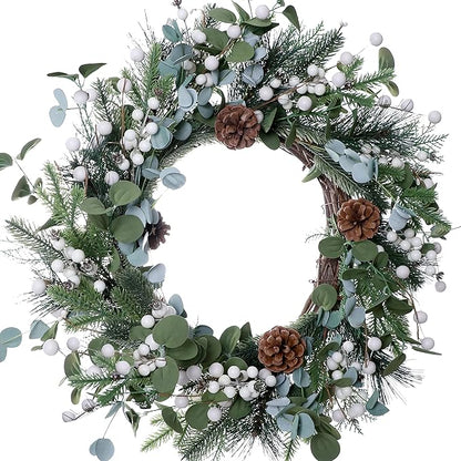 J'FLORU Christmas Wreaths for Front Door 20 Inch Artificial Christmas Wreath White Winter Wreath with Berries Pine Cones Pine Needles for Xmas Winter Holidays