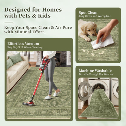 TTelephant Washable Rugs 5x7, Vintage Medallion Carpet for Bedroom, Living Room and Dining Room, Low Pile Sage Green Rug with Non-Slip Silicone Backing, Non-Shedding Stain Resistant