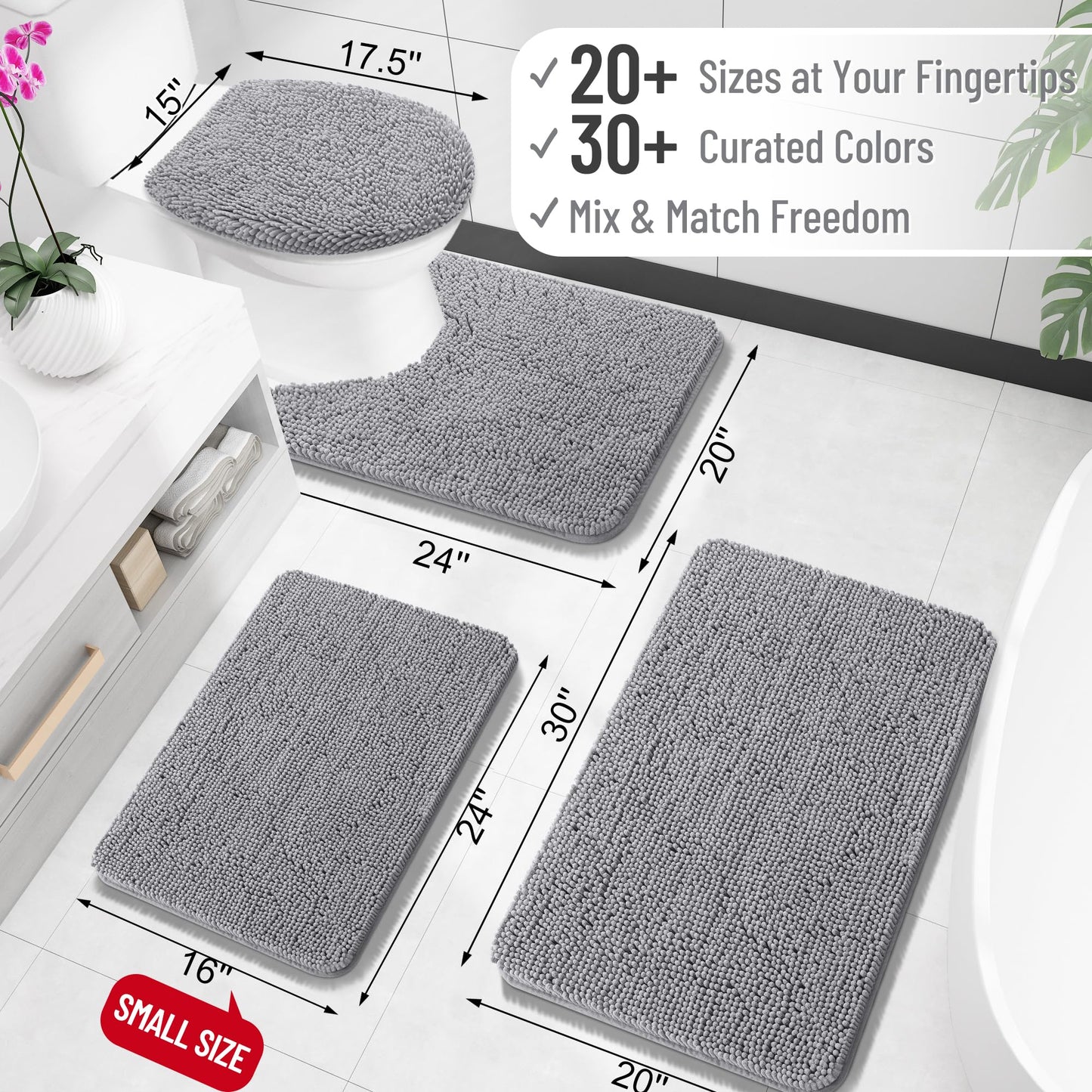 OLANLY Small Bathroom Rugs 24x16, Extra Soft Absorbent Chenille Bath Rugs, Rubber Backing Quick Dry, Machine Washable Bath Mats for Bathroom Floor, Tub and Shower, Home Decor Accessories, Grey