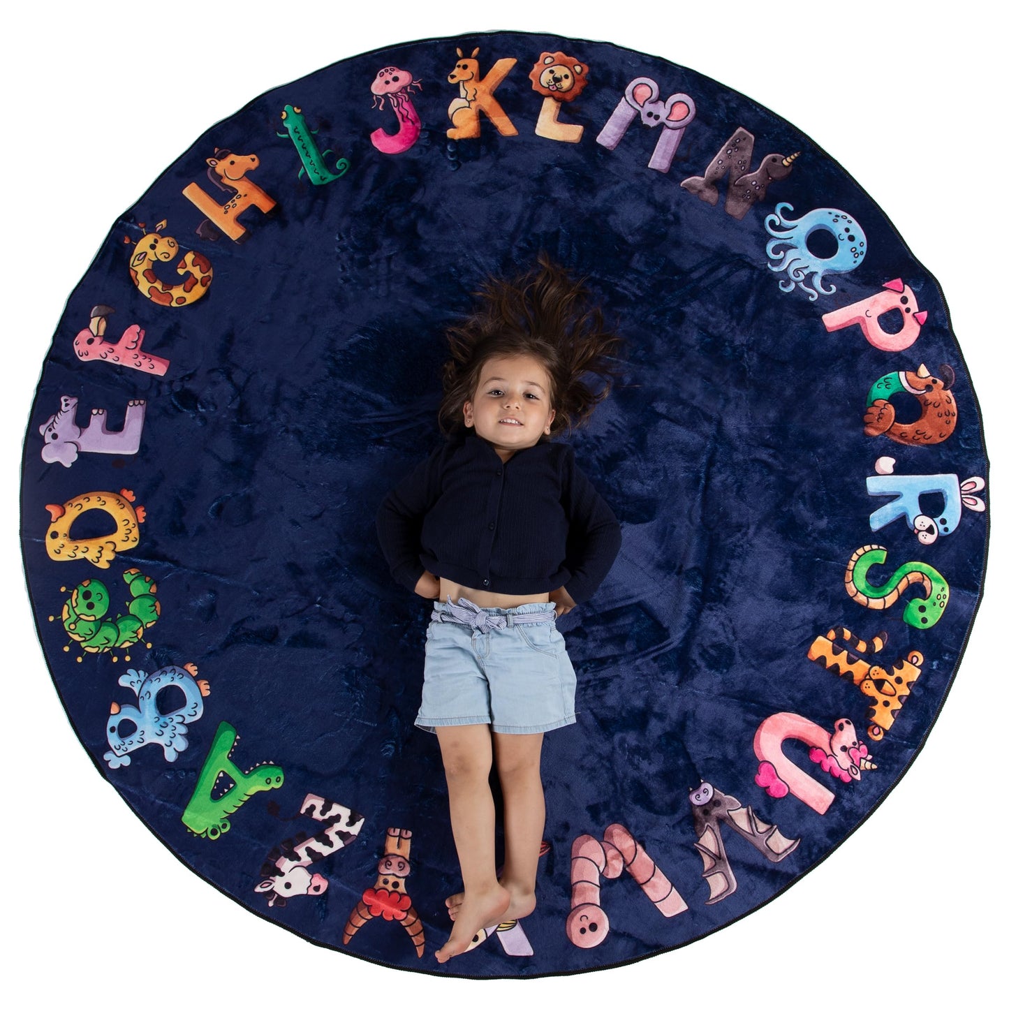 Malamaa ABC Alphabet Rug for Kids – 6 ft Round Blue Play Mat for Toddlers & Babies, Soft Nursery Decor for Learning Letters, Classroom & Playroom Area Mat
