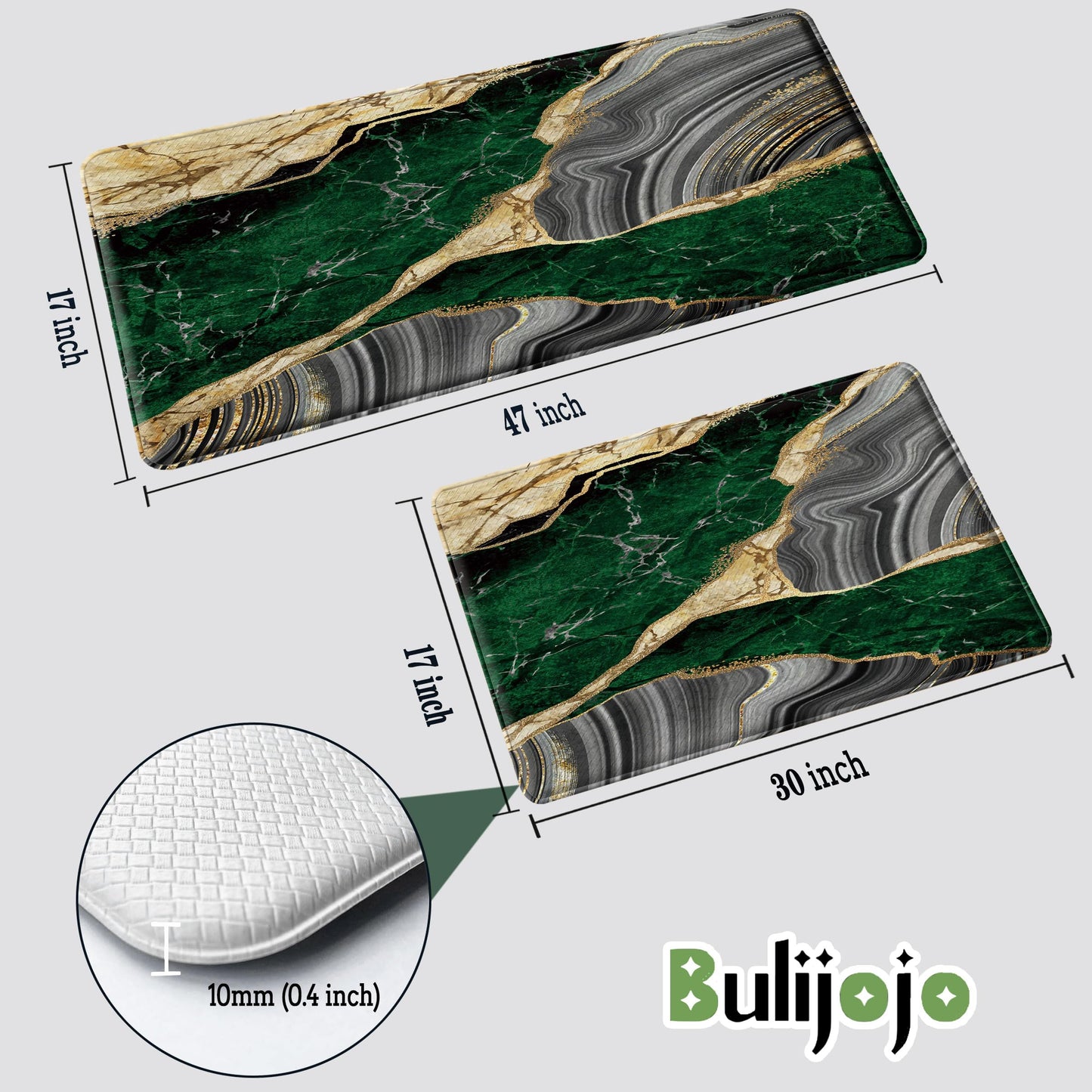 Bulijojo Green Ink Abstract Marble Anti Fatigue Kitchen Floor Mats Set of 2 Waterproof Kitchen Sink Runner Rug Standing Mat Cushioned Kitchen Rugs Comfort Doormat 17"x47"+17" x30“