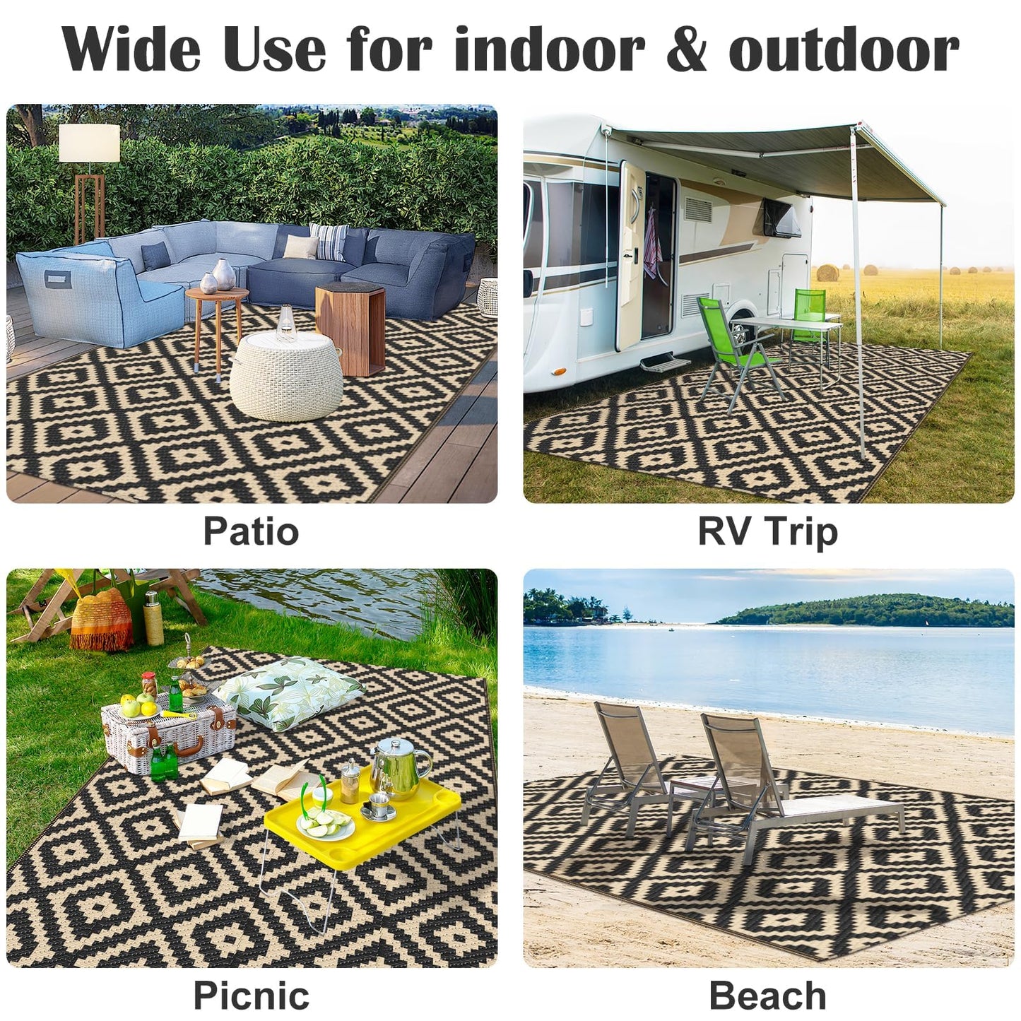 Mattitude Waterproof Outdoor Rug 5x8 Ft Outdoor Plastic Straw Rug Reversible Patio Rug Large Outdoor Carpet Area Rug for Patio Backyard Picnic Beach Camping RV Black & Beige