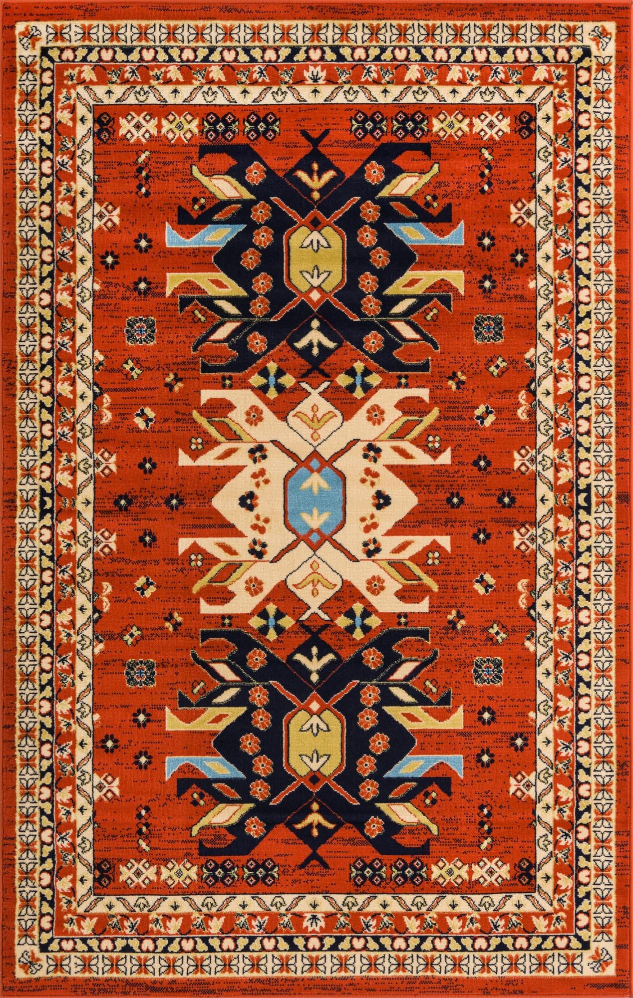 Unique Loom Taftan Collection Border Geometric Tribal Inspired Design Area Rug (5' 0 x 8' 0 Rectangular, Terracotta/ Ivory)