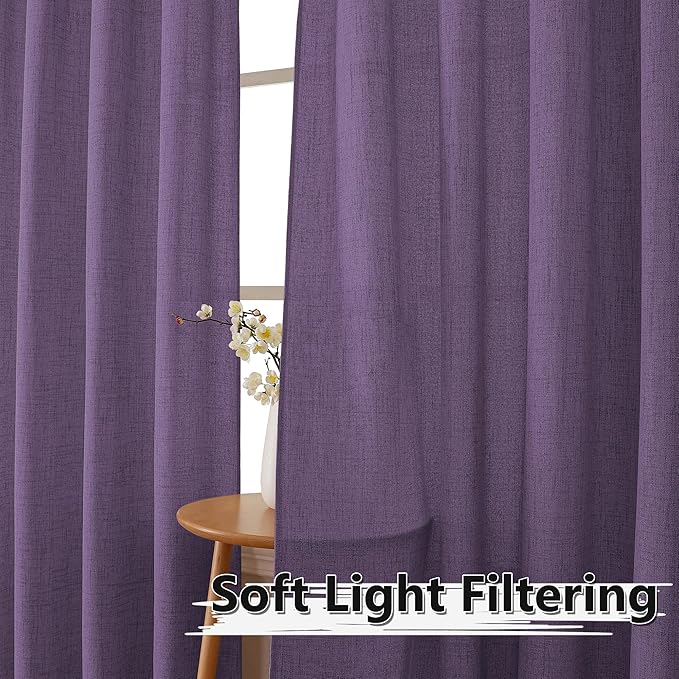 Tollpiz Linen Tier Curtain Rod Pocket Semi Sheer Half Kitchen Curtains Burlap Light Filtering Thick Linen Drape for Bathroom, 30 x 36 inches Long, Royal Purple, Set of 2 Panels