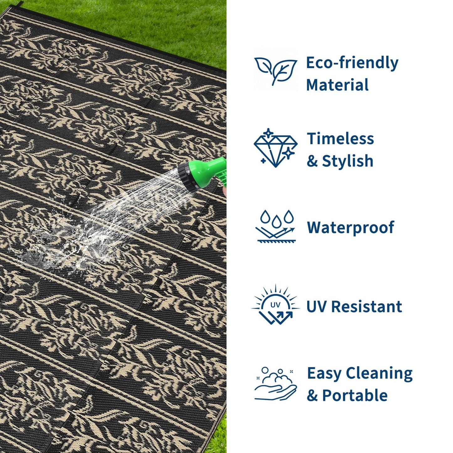 GarveeHome Outdoor Rug 9x12 Waterproof for Patio, Reversible Outdoor Plastic Straw Rug, Wallpaper Flower Indoor Outdoor Mat Carpet for RV, Camping, Deck, Backyard, Picnic, BlackCoffe