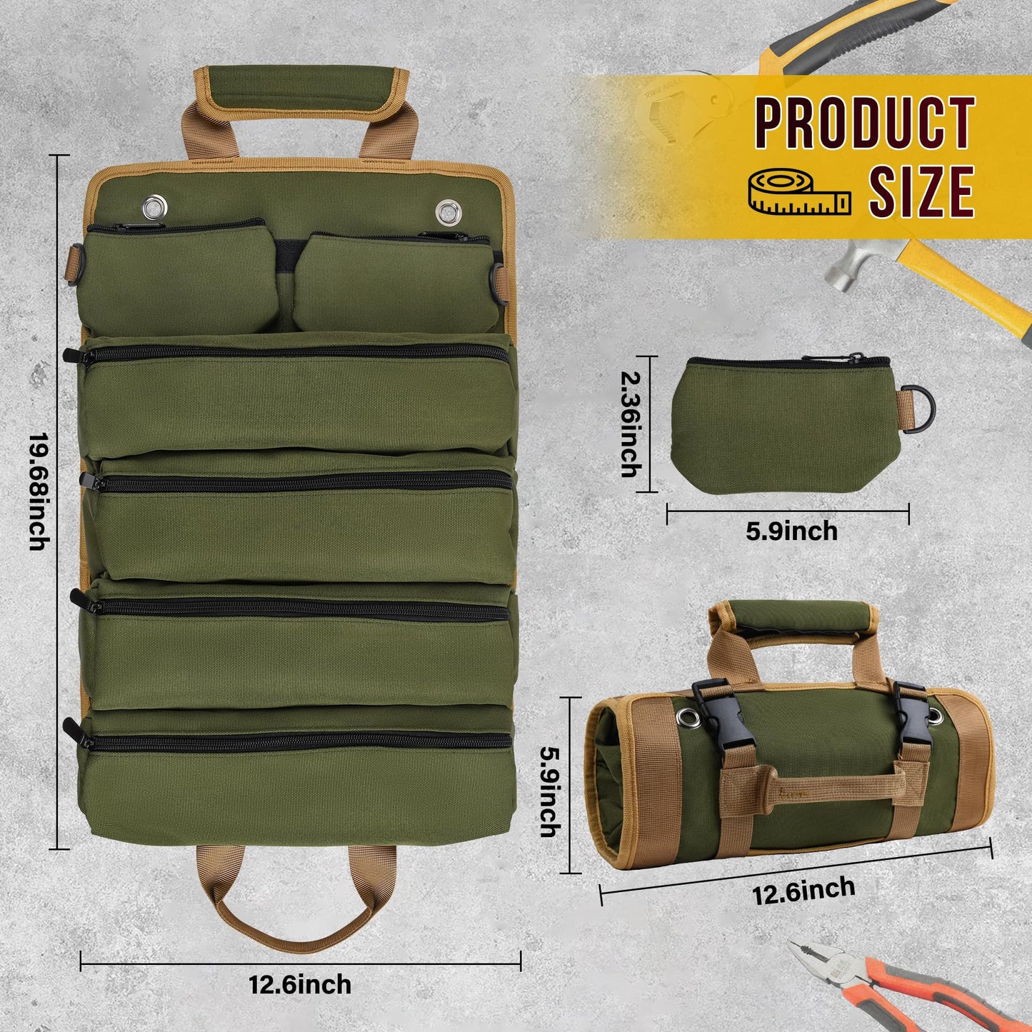 Tool Bag, Tool Bags for Men, Heavy Duty Tool Organizer, Portable Roll Up Tool Bag Gifts For Him, Mechanic, Electrician and Hobbyist, Car Tool Roll Organizer -Green